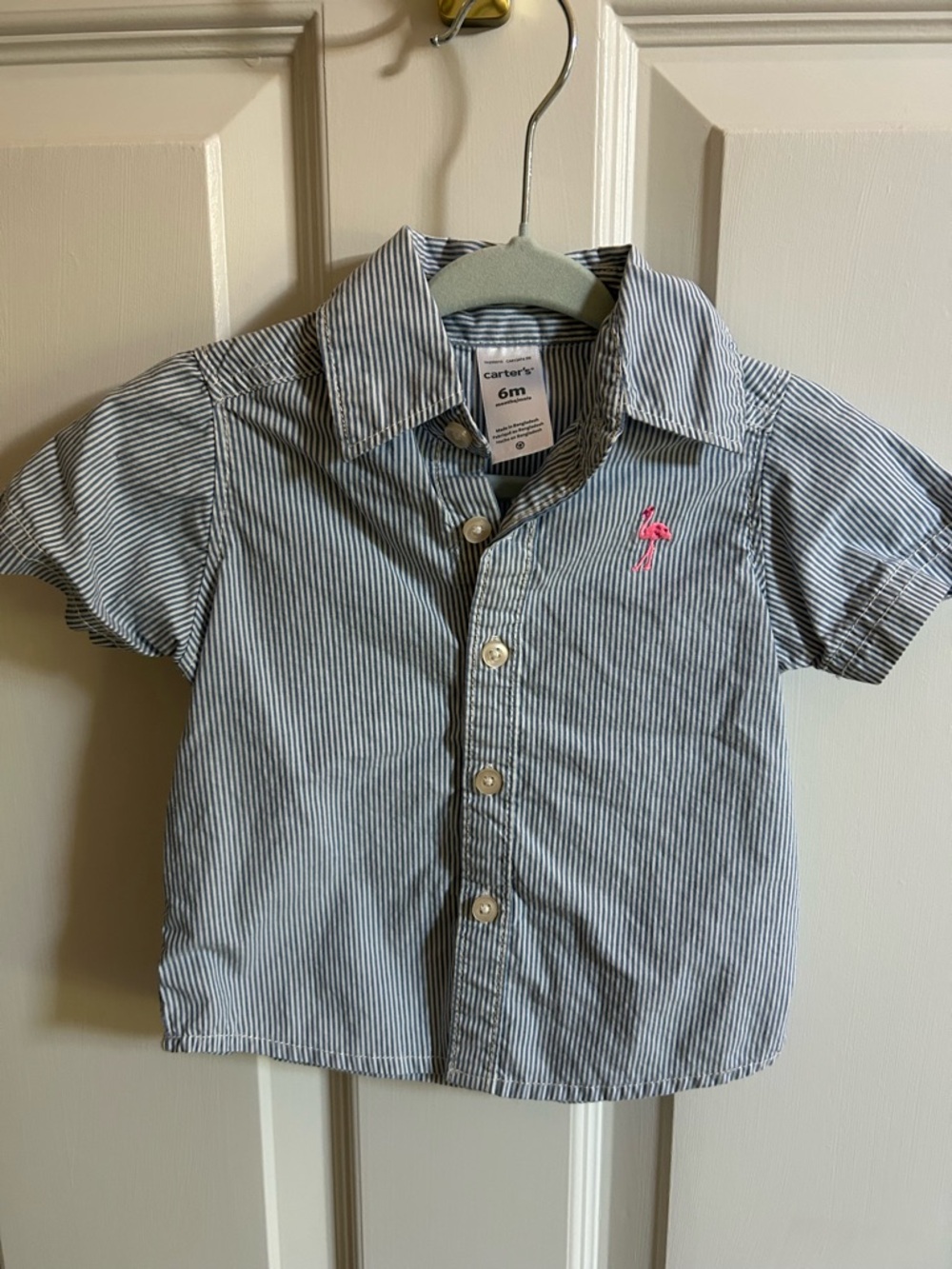 Carter's Blue and White Striped Short-Sleeve Button-Down with Pink Flamingo